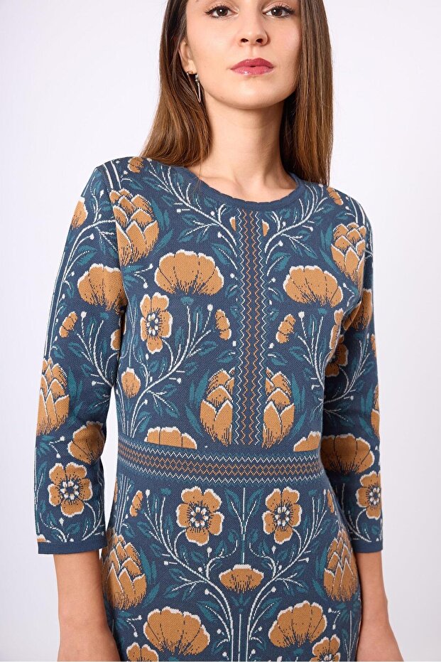 Felicity Çiçek Jakarlı Kadın Triko Elbise - Indigo Multi - 3