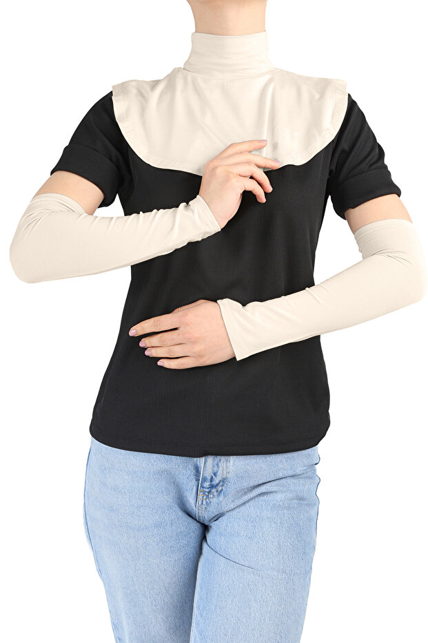 Plain Collar Collar / Oversleeve Comfortable Set - St176 Light Beige