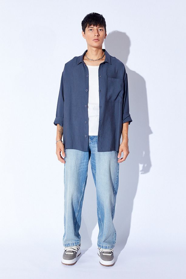 Oversize Soft Dokulu Kalın Modal Tek Cep Erkek Dış Gömlek | Antrasit MNW191099-01 - 8