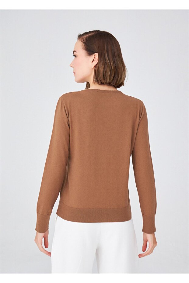 Pamuklu Bisiklet Yaka Basic Kadın Triko Hırka - Kamel - 4