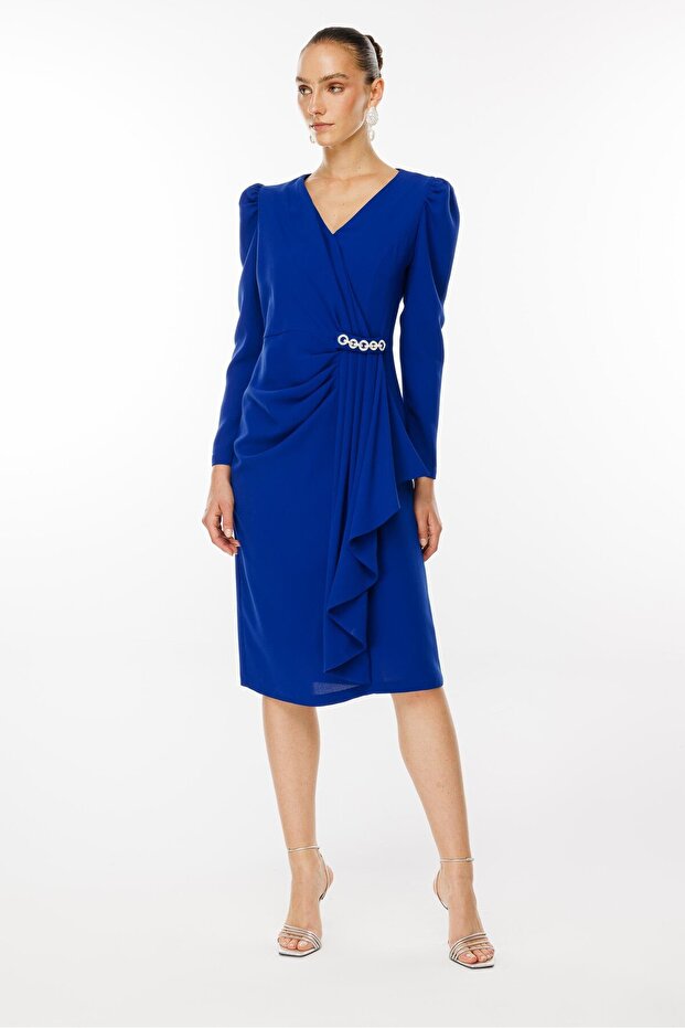 Modailgi  Kruvaze Volan Detaylı Elbise Saks - 6