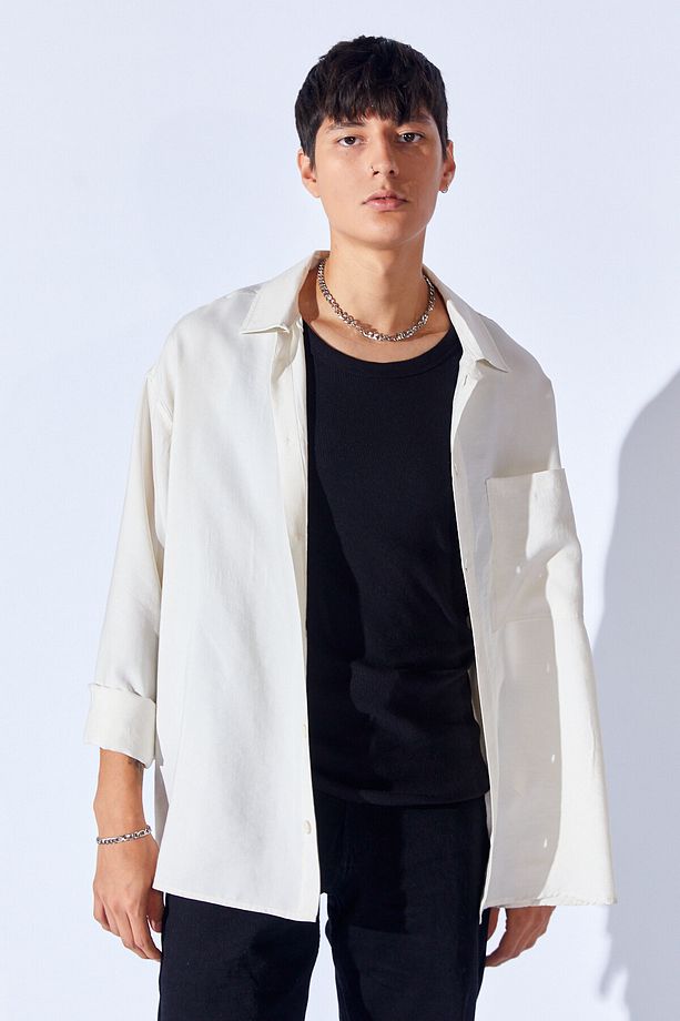 Oversize Soft Dokulu Kalın Modal Tek Cep Erkek Dış Gömlek | Beyaz MNW191099-01 - 3