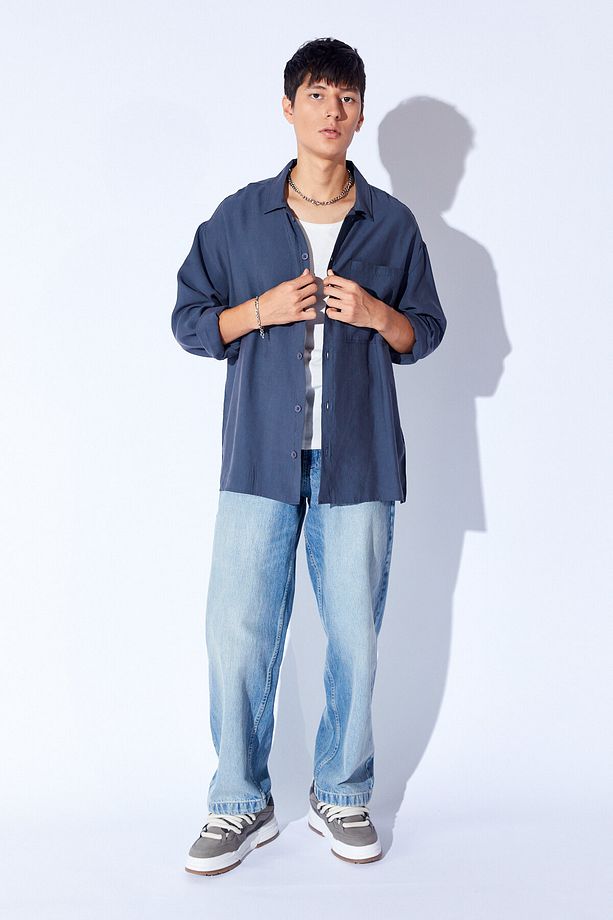 Oversize Soft Dokulu Kalın Modal Tek Cep Erkek Dış Gömlek | Antrasit MNW191099-01 - 4
