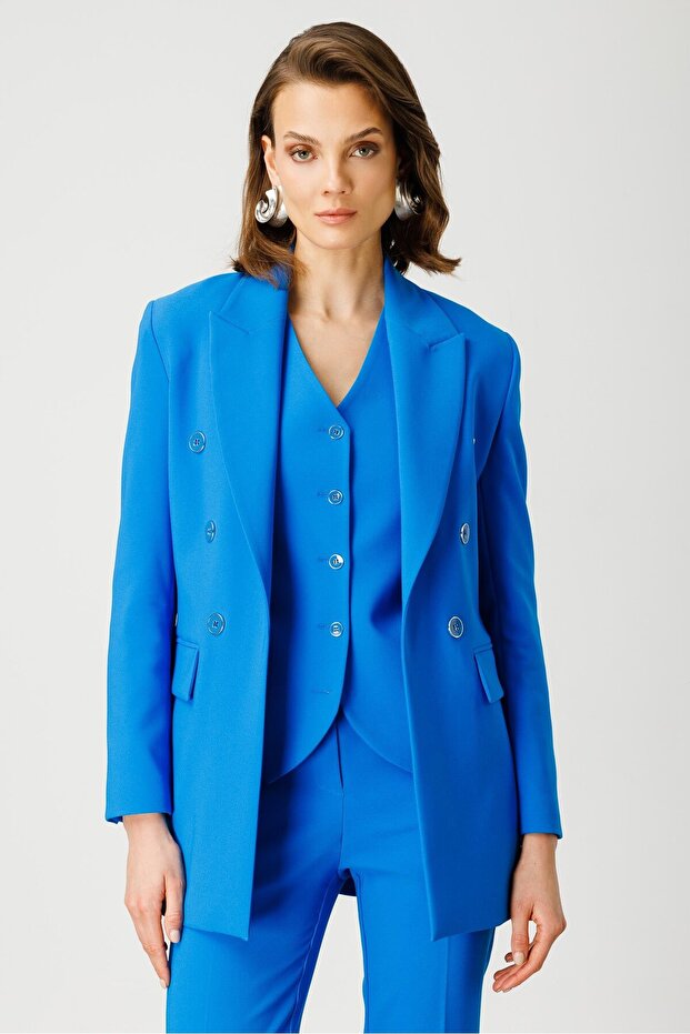 Modailgi Half Lined Button Detailed Jacket Blue - 4