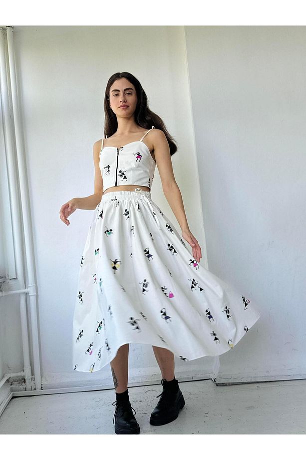 Circle Kloş Midi Boy Desenli Etek Astar Hediyeli Kadın Ekru - 7