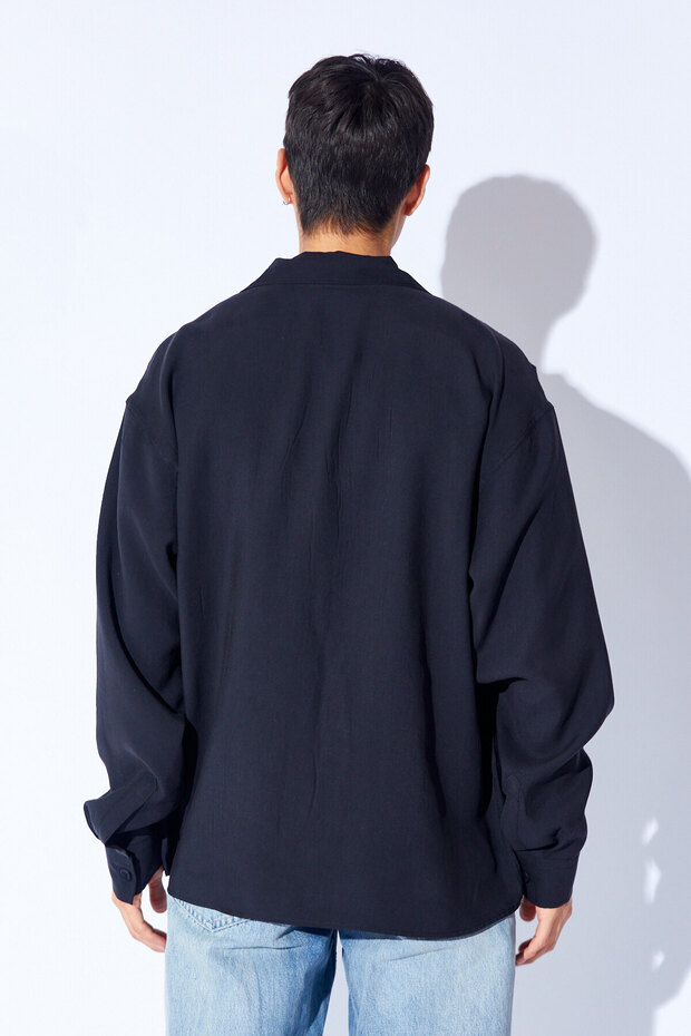 Oversize Soft Dokulu Kalın Modal Tek Cep Erkek Dış Gömlek | Siyah MNW191099-01 - 6