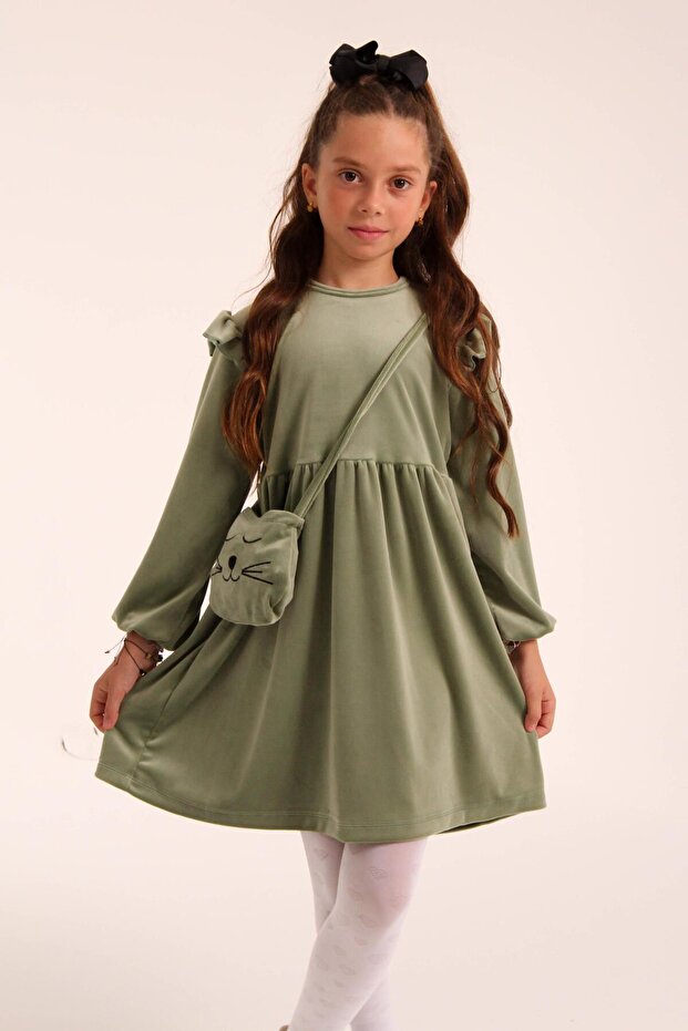 Cat patterned bag girl's velvet dress çağla