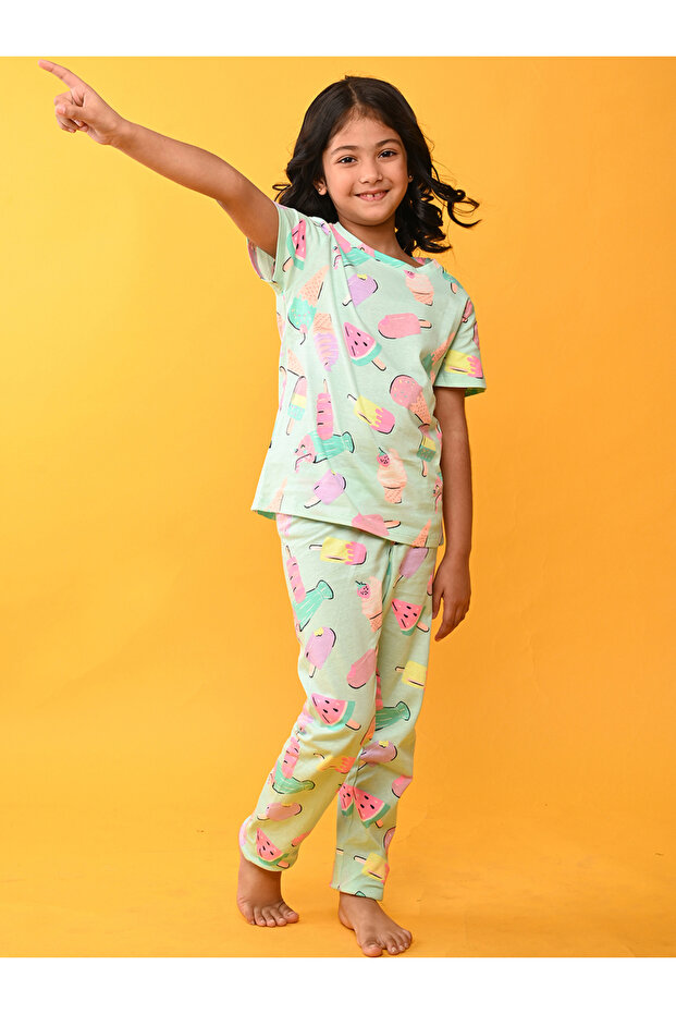 Ice Cream Print T-Shirt and Pyjama Set
