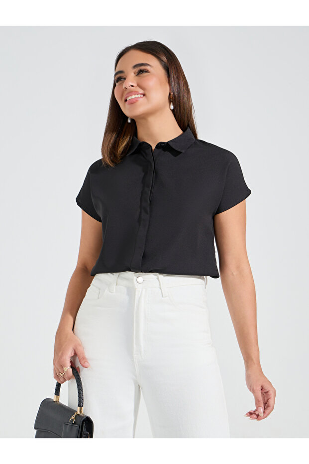 Solid Button Down Collared Shirt with Extended Sleeves - 2