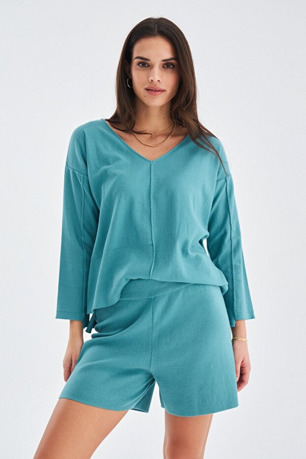 %100 Pamuk Kadın Şort - Turkuaz - 2