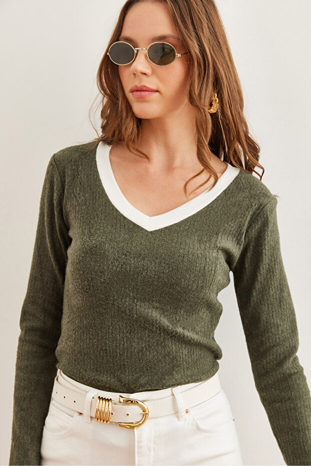 Women's Khaki White Collar Detailed Raised Lycra Blouse Blz- 19002746