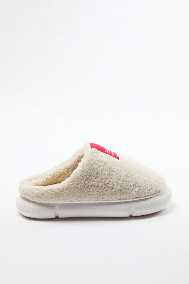 Beżowe pluszowe tkane etykiety damskie kapcie domowe Takaw25Er00012 - 4