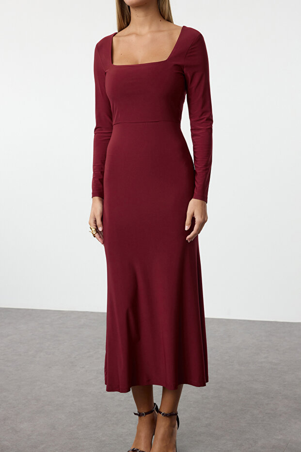 Bordo Maxi Volanlı Kare Yaka Fitted/Vücuda Oturan Maxi Esnek Örme Elbise TWOAW24EL00613 - 4