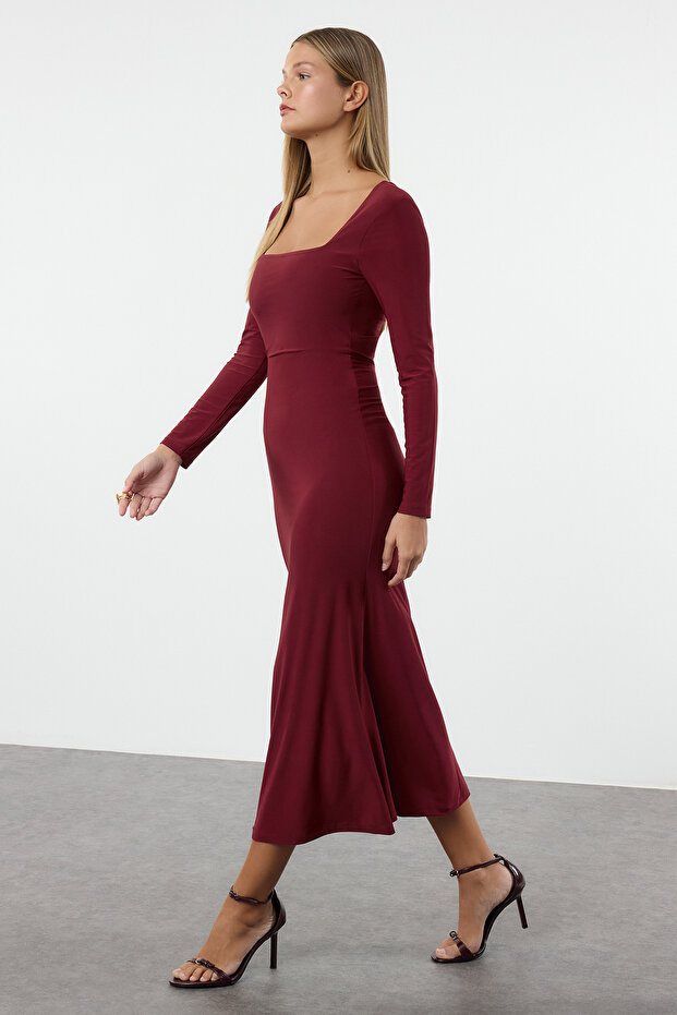Bordo Maxi Volanlı Kare Yaka Fitted/Vücuda Oturan Maxi Esnek Örme Elbise TWOAW24EL00613 - 2