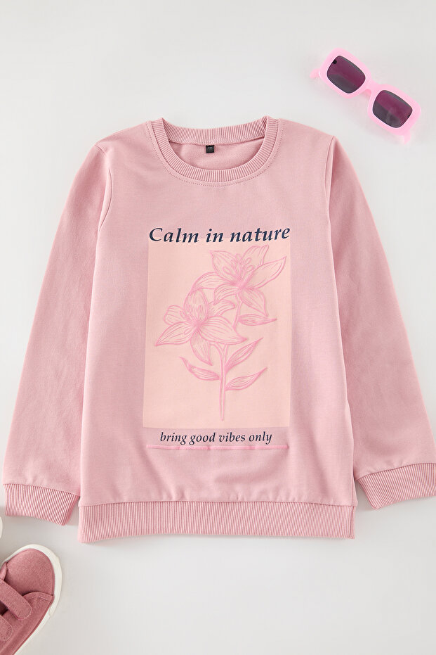 Somon Kız Çocuk Baskılı Örme Sweatshirt TKDAW25SW00043 - 1