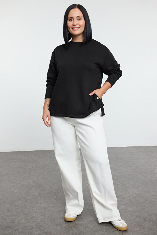 Siyah Çıt Çıt Düğme Detaylı Regular/Normal Kalıp Örme Büyük Beden Sweatshirt TBBAW25AO00039 - 2
