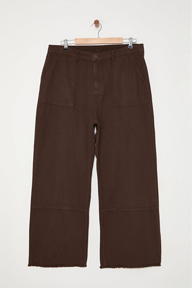 Kahverengi Yüksek Bel Geniş Paça %100 Pamuk Non-Stretch Büyük Beden Wide Leg Jeans TBBAW25CJ00001 - 6