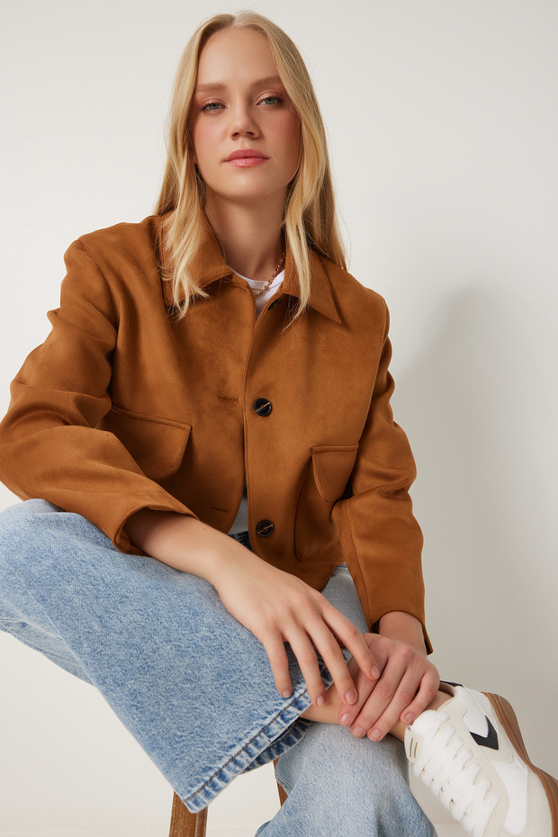 Women's Tan Wide Pocket Suede Jacket Fk00011