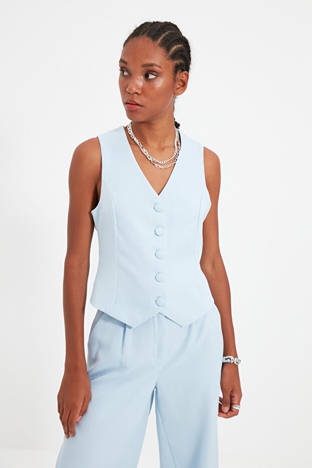 Açık Mavi Fitted Düğmeli Crop Dokuma Yelek TWOSS21YE0009 - 8