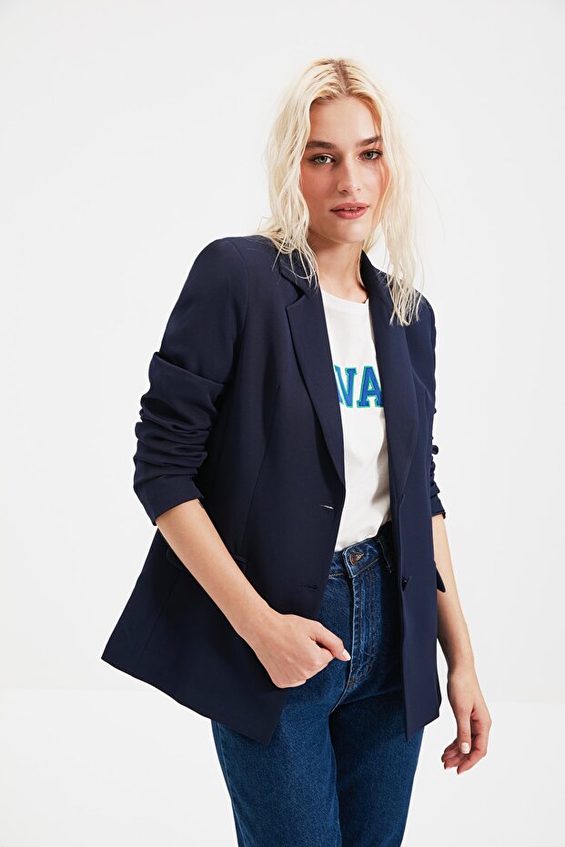 Lacivert Regular Astarlı Dokuma Blazer Ceket TWOSS20CE0126 - 5