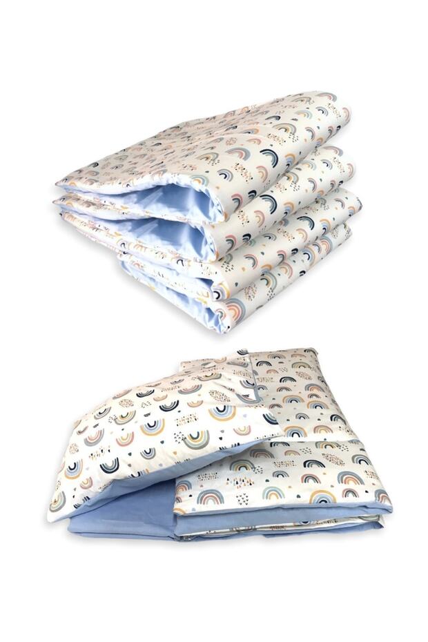 100% Cotton 80X130 Furniture Crib Edge Protection Sleeping Set Rainbow Blue (7 Pieces)