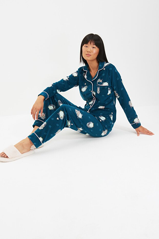 Petrol Penguin Patterned Fleece Winter Knitted Pajamas Set Thmaw22Pt0356 - 21