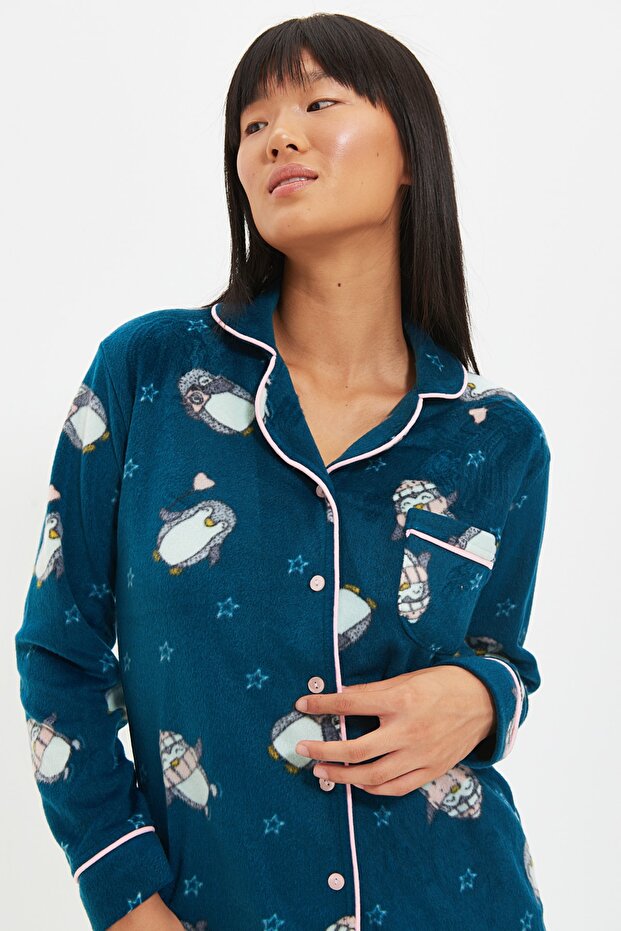 Petrol Penguin Patterned Fleece Winter Knitted Pajamas Set Thmaw22Pt0356 - 17