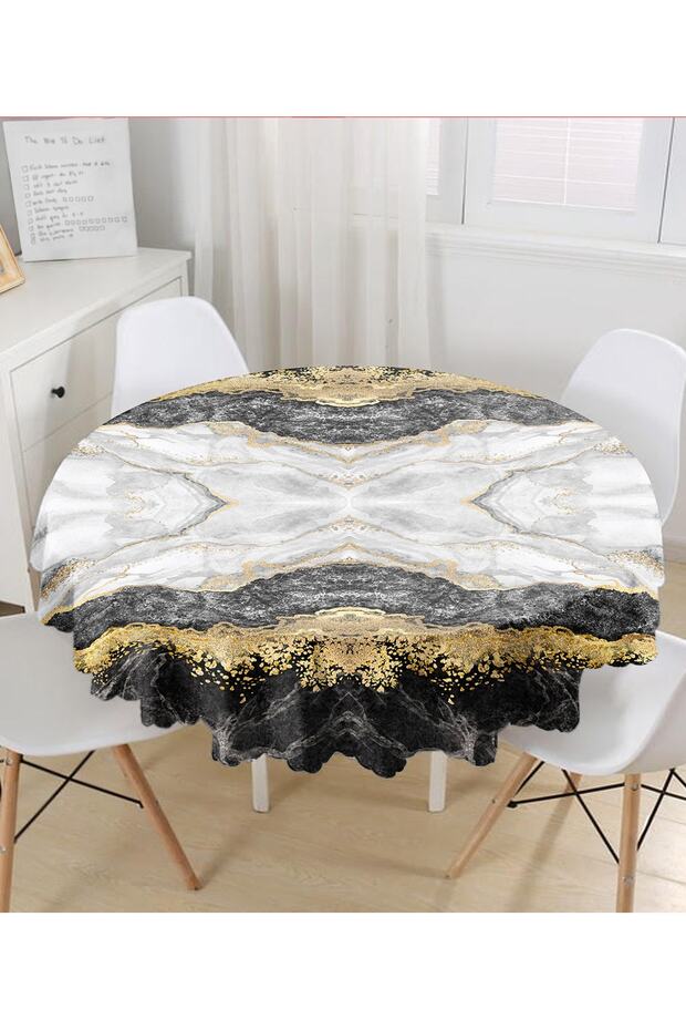 Black and White Gold Marble Motif Digital Printed Round Tablecloth - Diameter 140 cm