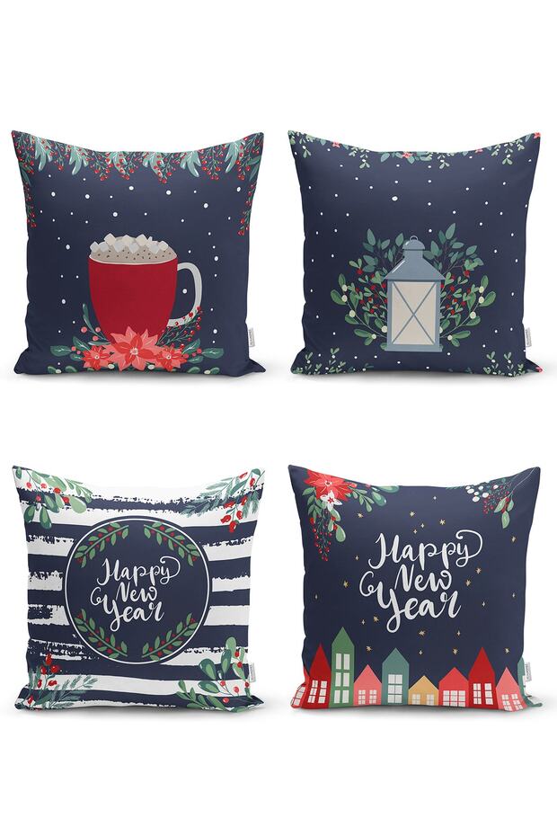 4-Piece Dark Blue Colored Happy New Year Themed Digital Printed Modern Throw Pillow Cover Set