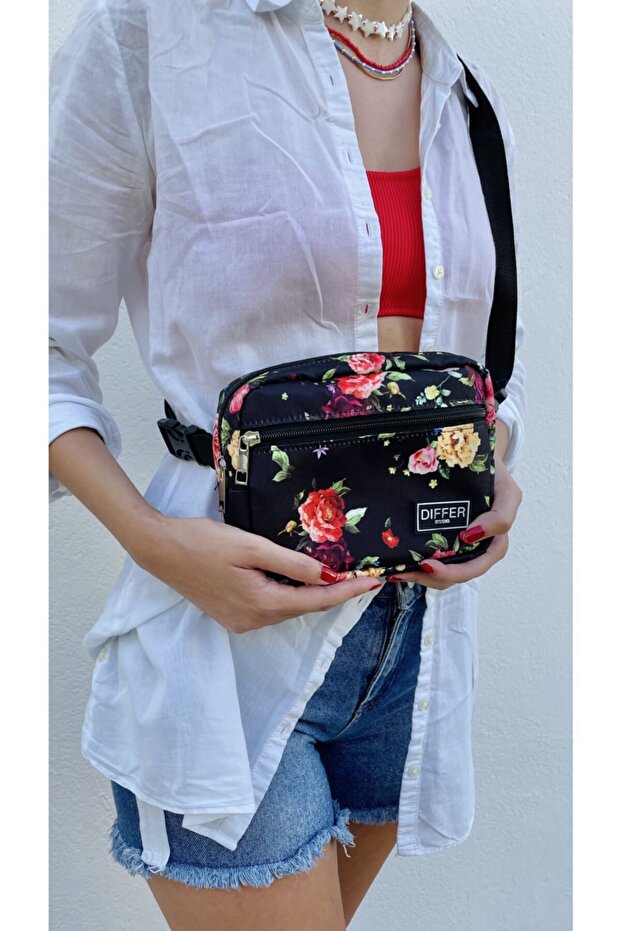 حقيبة خصر/كتف سوداء منقوشة بالزهور مقاومة للماء بحجم داخلي كبير وسحاب يومي