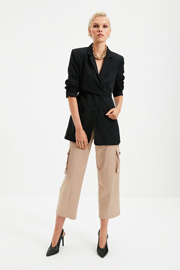 Siyah Kuşaklı Regular Astarlı Kruvaze Kapama Dokuma Blazer Ceket TWOAW21CE0320 - 8