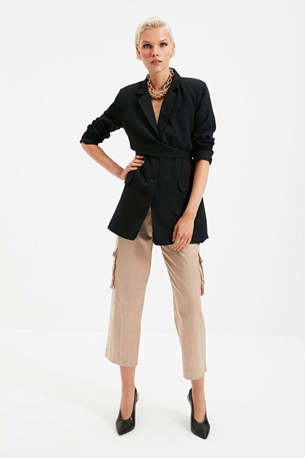 Siyah Kuşaklı Regular Astarlı Kruvaze Kapama Dokuma Blazer Ceket TWOAW21CE0320 - 9