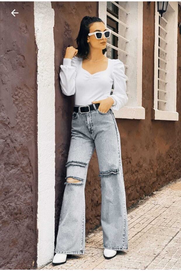 Yırtık S.o.l.m.a.z Mavi Kar Yıkama Süper Yüksek Bel Salaş Jean Pantolon. (SÜPER YÜKSEK) Wide Leg - 3