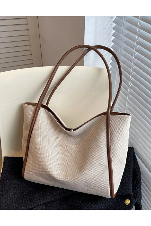 Canvas Shoulder Bag with Tan Detailed Strap