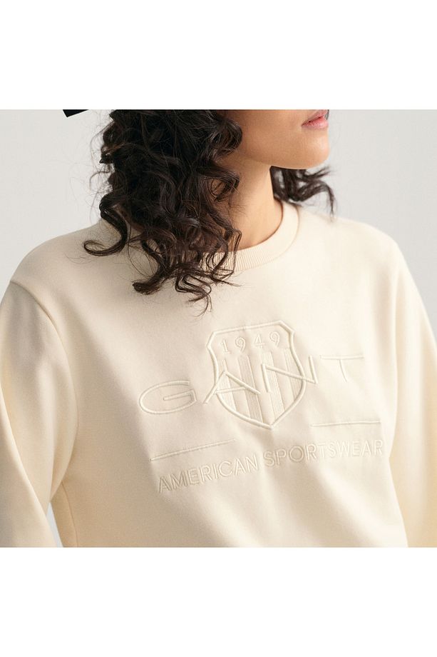 Kadın Bej Regular Fit Bisiklet Yaka Logolu Sweatshirt - 4