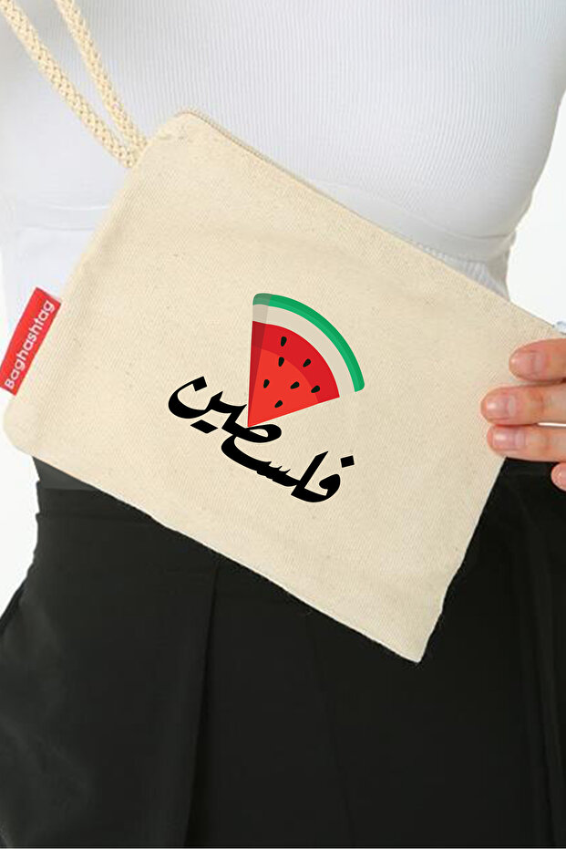 قطعة قماش فلسطينية مع شريحة مثلثة وبطيخ - مطبوعة رقمية وكتابة عربية