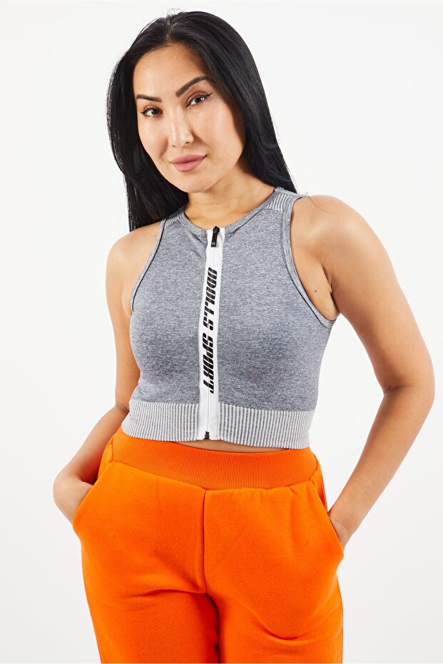 Women Sportswear Fit Brand Logo Training Crop Top, Grey