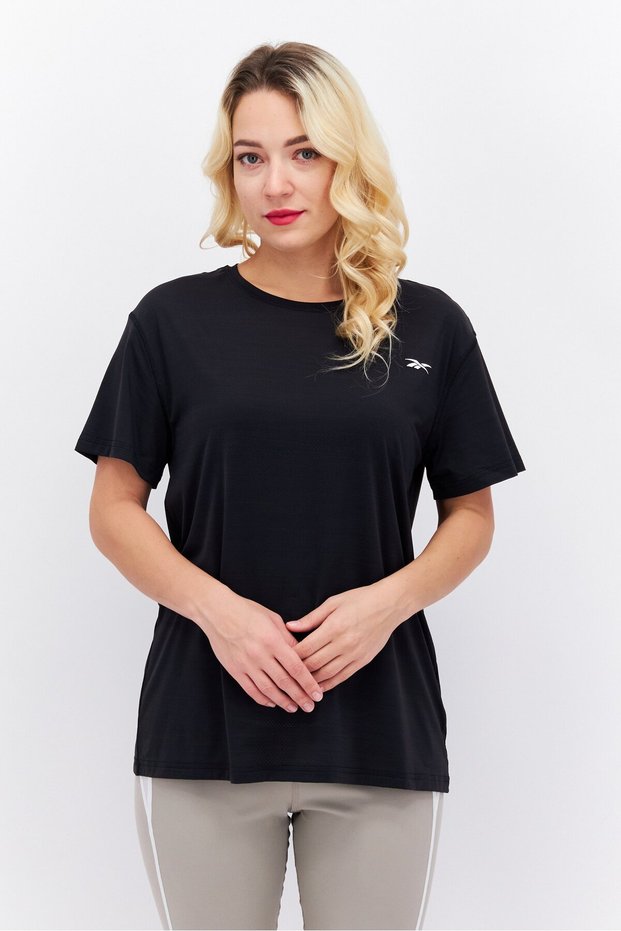 Women Sportswear Fit Short Sleeve Brand Logo Training Tops, Black