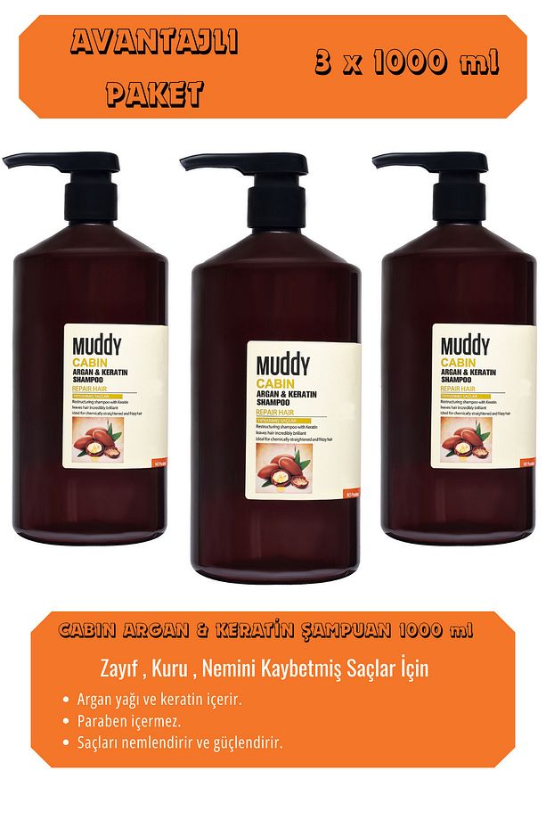 ZAYIF KURU NEMİNİ KAYBETMİŞ SAÇLARA CABIN ARGAN&KERATİN ŞAMPUAN 1000 ml x 3 - 1