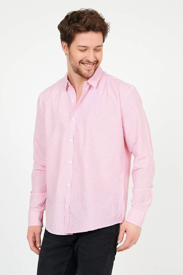 Men's Pink Slim Sheer Striped Long Sleeve Shirt
