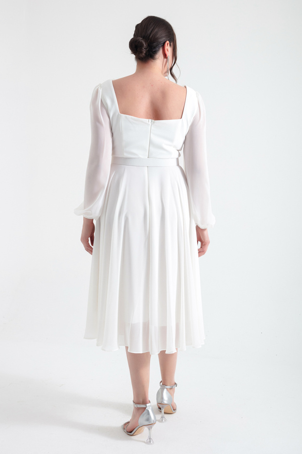 Női Ecru négyszögletes galléros öves Midi Chiffon nagyméretű estélyi ruha - 5