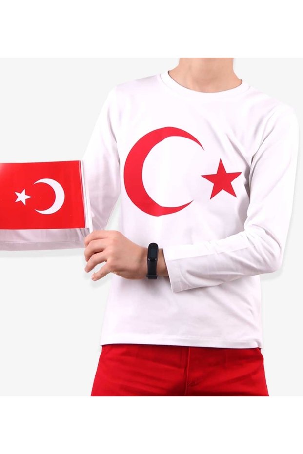 Long Sleeve Cotton Unisex Children's T-Shirt with Ataturk Print and Turkish Flag