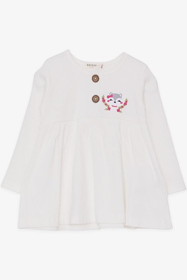 Girl's Long Sleeve Dress with Fox Embroidery, 1.5-5 Years, Ecru