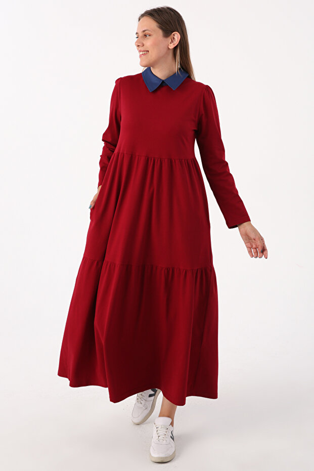 Burgundy Cotton Shirt Collar Pocket Ruffle Knitted Dress