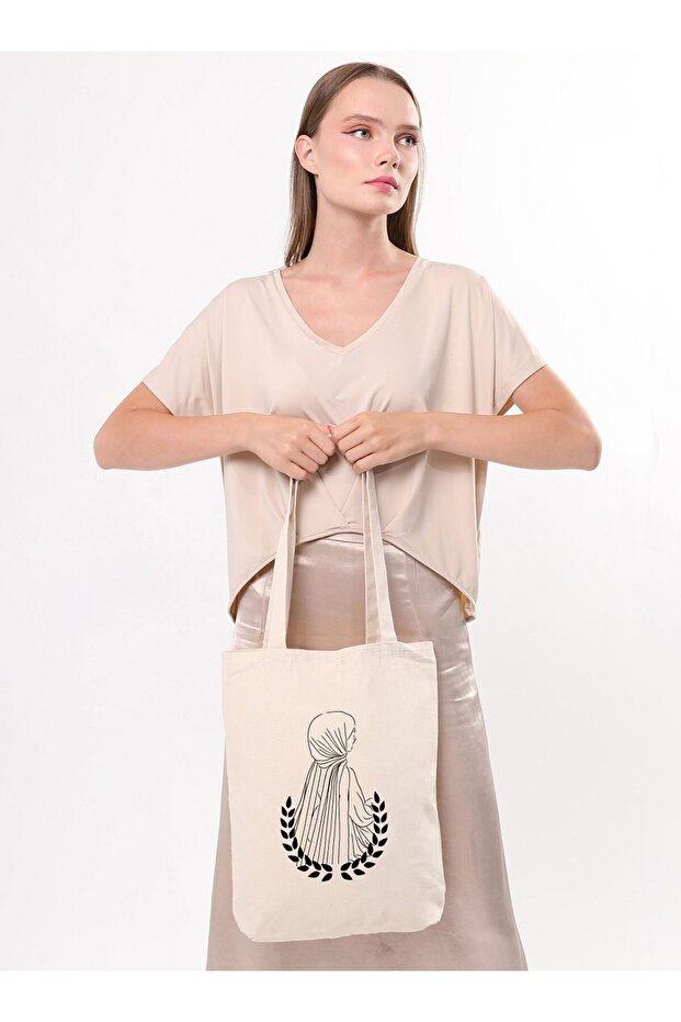 Canvas Fabric Hijab Girl's Cloth Bag with Turning Back - Cream - Çınar Cloth Bag