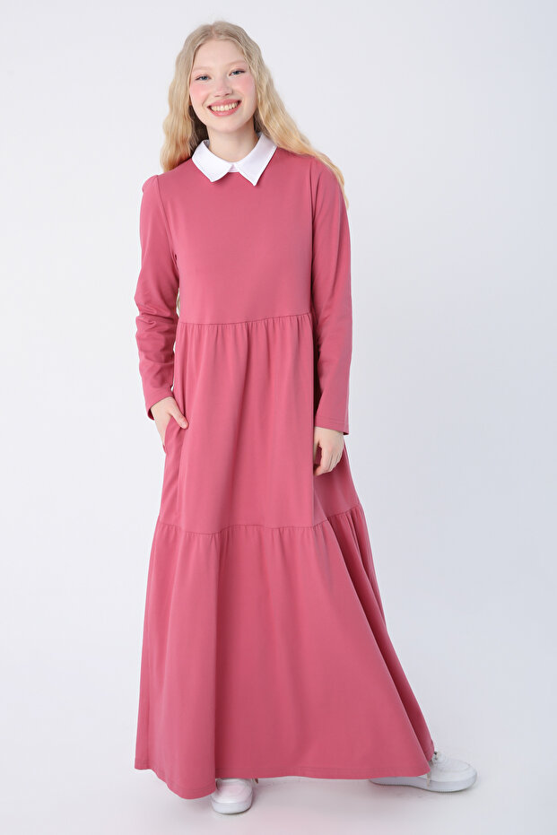 Dusty Rose Cotton Shirt Collar Pocket Ruffle Knitted Dress