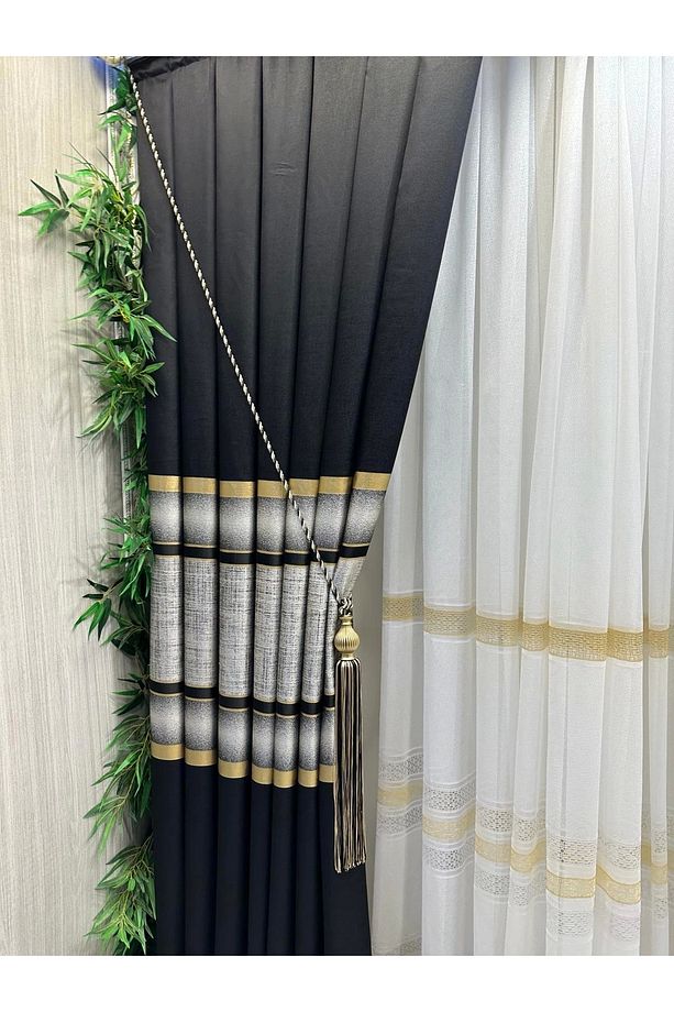 Nivemeshome Melanezya Siyah- Gold Şeritli 1/3 Sık Pileli Fon Perde Apm - 6