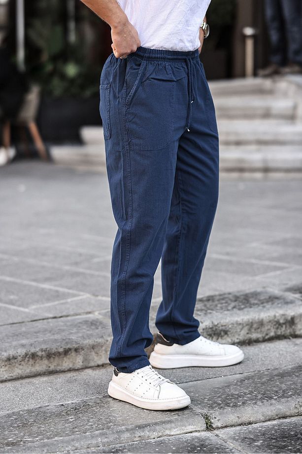 Lacivert Renk Erkek Yazlık Keten Karışımı Relaxed Pantolon - LACİVERT - 2