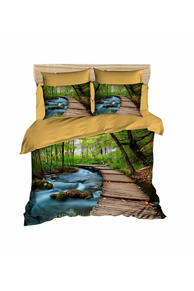 Bridge Scenery in the Forest 3D Digital Double Duvet Cover Set