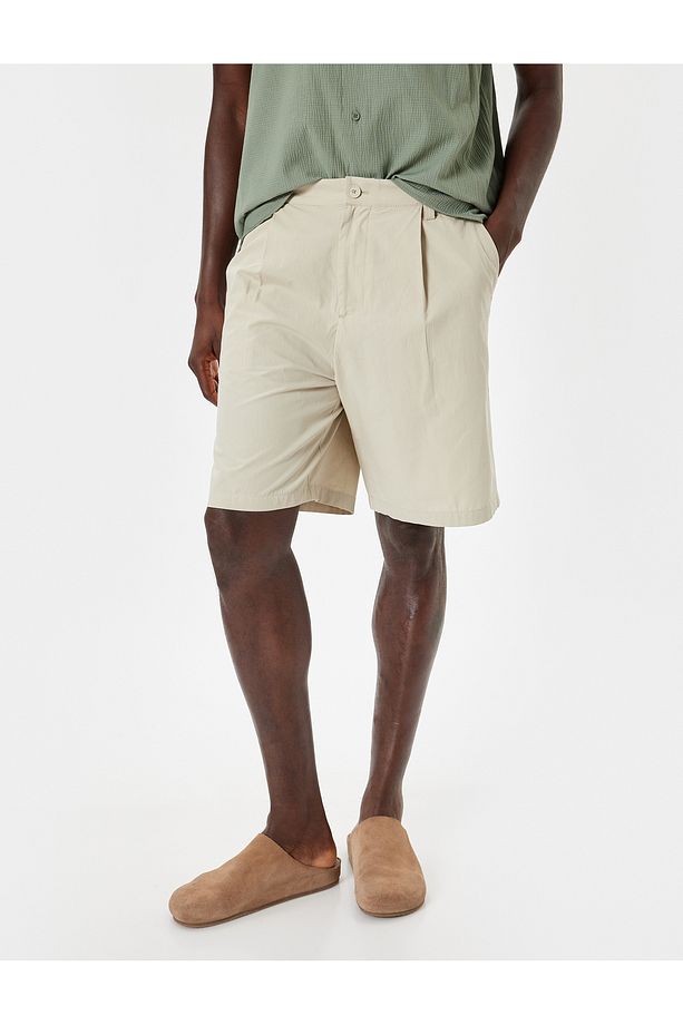 Kumaş Şort Oversize Pileli Chino Düğmeli Cep Detaylı - 3